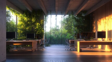 Poster - A modern office space with greenery, blending nature and work environments.