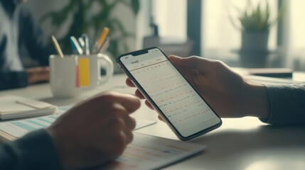 Aufkleber - A person reviewing a calendar on a smartphone, discussing plans with another individual.