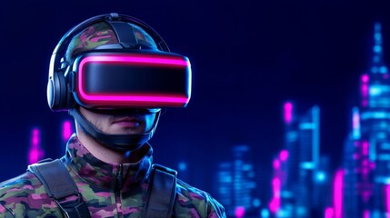 A camouflaged soldier employing a VR headset featuring a lit-up screen.