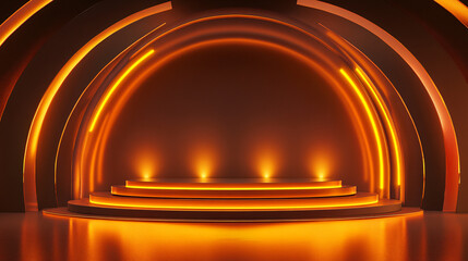 Aufkleber - Futuristic atmosphere created by glowing orange podium and neon lights in empty illuminated showroom interior