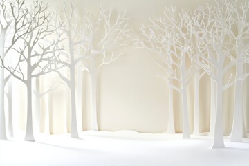 Fototapete - This tranquil winter forest features delicate white paper silhouettes of trees, creating a peaceful and whimsical atmosphere perfect for decoration. Generative AI
