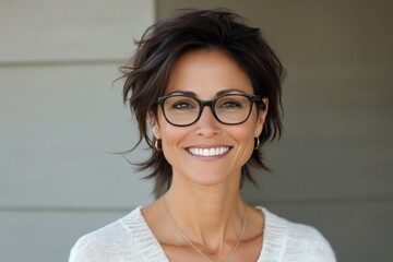 Wall Mural - Young woman with glasses smiling against a colorful wall in a vibrant urban setting