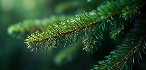Closeup evergreen tree branch macro shot. Dark green needles foliage texture. Nature forest background. Wallpaper design template. Jungle rainforest tropics plant growth. Summer botany floral eco