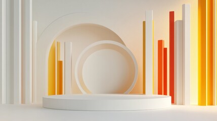 Aufkleber - A minimalistic stage design featuring circular and vertical elements in warm colors.