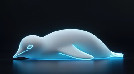 Fototapete - A sleek, illuminated penguin figurine resting on a dark surface.