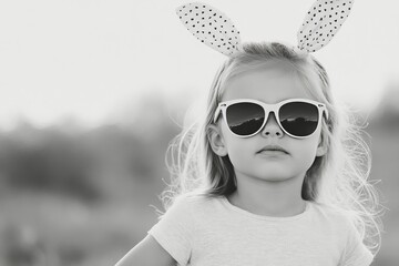 Young girl wearing bunny ears and sunglasses enjoys a sunny day outdoors in black and white