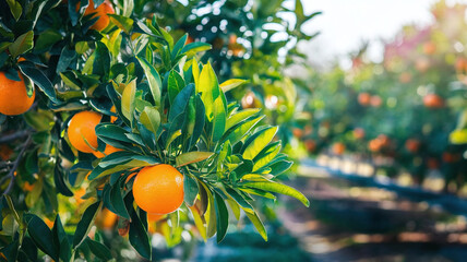 Wall Mural - Vibrant Tangerines or Oranges Hanging on Tree Branch in Fruit Orchard, Citrus Harvest, Farming and Agriculture