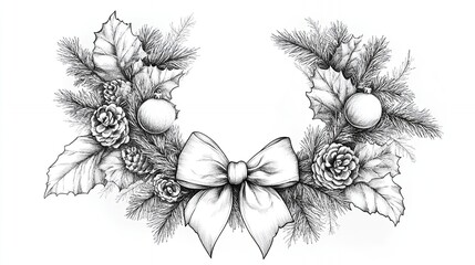 Wall Mural - Detailed Sketch of a Festive Wreath Adorned With Pine Cones, Holly Leaves, and a Ribbon, Perfect for Winter Celebrations and Holiday Decorations