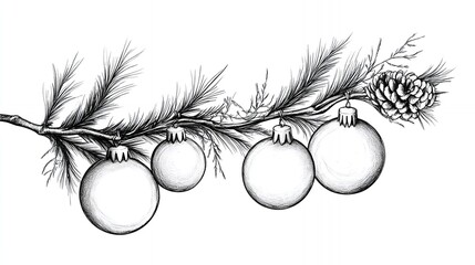 Wall Mural - Beautifully Detailed Illustration of a Pine Branch Adorned With Ornaments and a Pine Cone During the Holiday Season