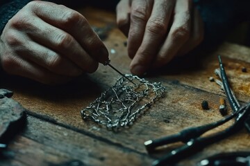 Aufkleber - A person intricately working with wire on a wooden surface, showcasing craftsmanship.