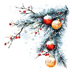 Wall Mural - Decorative Christmas Ornaments and Pine Branches Arranged With Berries in Winter Setting for Festive Holiday Celebrations