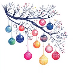 Canvas Print - Colorful Ornaments Hang From a Bare Winter Branch Decorated With Delicate Details and Patterns During the Holiday Season