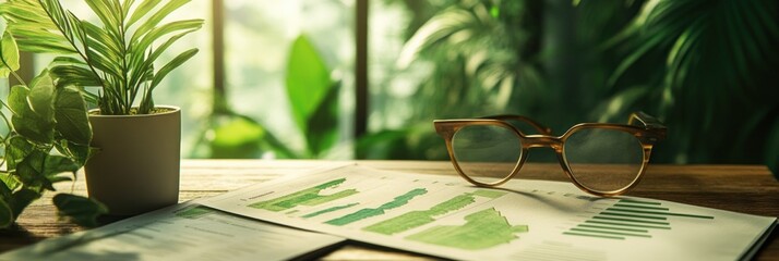 Poster - A workspace with glasses, documents, and a potted plant in a green environment.