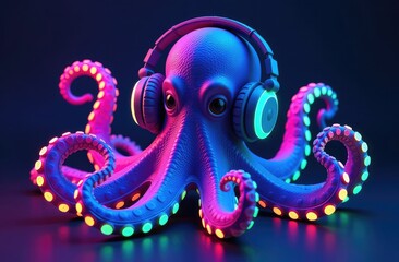 Colorful octopus creature wearing headphones in a vibrant environment