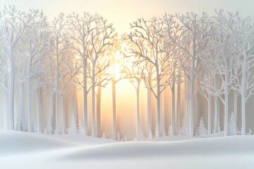Aufkleber - An enchanting winter landscape unfolds with white paper silhouettes of trees against a softly glowing backdrop, evoking tranquility and peace. Generative AI