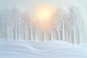 Poster - Delicate white paper silhouettes create a tranquil winter forest, with trees softly illuminated by a warm glow in the background. Generative AI