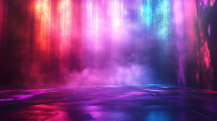 Aufkleber - The colorful spectacle of vibrant neon lights illuminates a dark, atmospheric room with a wet floor