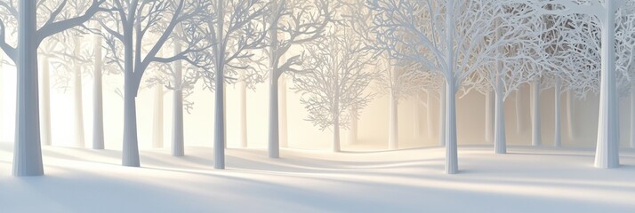 Leinwandbilder - Serene winter forest features intricate white paper silhouettes of trees, casting shadows in gentle, diffused light. Generative AI