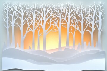 Aufkleber - This artwork displays a tranquil winter forest made from white paper silhouettes, complemented by a glowing orange backdrop that evokes warmth. Generative AI