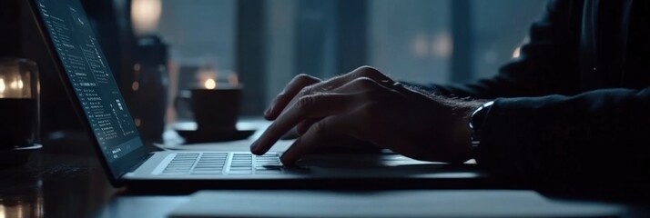Aufkleber - A close-up of a person typing on a laptop, with candles and a coffee cup nearby.