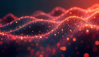 Aufkleber - Abstract red background with glowing particles. Dark red shiny texture. Digital art. Modern tech design. Futuristic wallpaper. Red bokeh lights. Particle background. Wave pattern. Abstract backdrop.