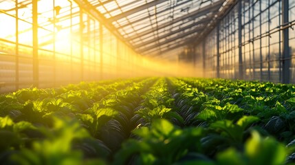 Fototapete - Sunlit Greenhouse with Vibrant Lush Vegetables Illuminated by Warm Sunset Glow : Generative AI
