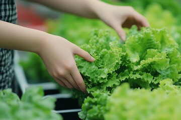 Wall Mural - Hands Gently Holding Fresh Green Lettuce in Organic Farm Greenhouse Environment : Generative AI