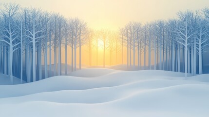 Aufkleber - Silhouetted trees rise in a tranquil winter forest, showcasing delicate white layers of snow beneath a warming sunrise. Generative AI