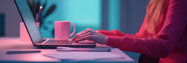 Aufkleber - A person typing on a laptop at night, with a mug nearby.