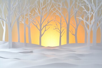 Fototapete - Delicate white paper trees rise from smooth snow, framing a warm, glowing sunset in a tranquil winter landscape. Generative AI