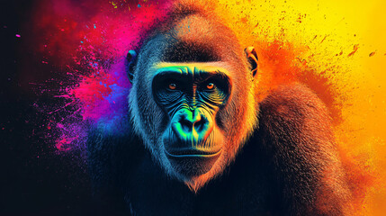 Poster - Gorilla adorned with vibrant paint splatters, creating a colorful and artistic close-up portrait