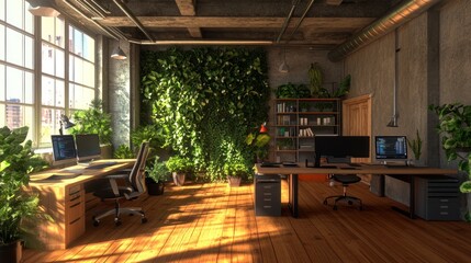 Aufkleber - A modern office space with greenery and natural light, designed for productivity.