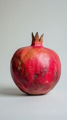 Wall Mural - Fresh red pomegranate with water droplets on a plain background showcasing its vibrant color