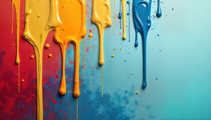 Aufkleber - Abstract art paint drips. Colorful yellow orange blue paint flows. Bright fluid glossy texture. Modern art design. Vivid color palette. Dripping paint background. Cool cute wallpaper. Artistic