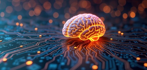 Aufkleber - Human brain rests on circuit board. Neural network concept. AI brainwave tech. Digital mind. Science fiction design. Medical illustration. Neurology image. Abstract pattern. Energy flow. Light wave.