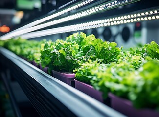 Fototapete - Fresh Lettuce Heads Thriving in an LED Lit Hydroponic Garden : Generative AI