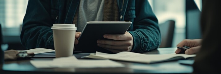 Poster - A person using a tablet while sipping coffee, surrounded by papers and a notebook.