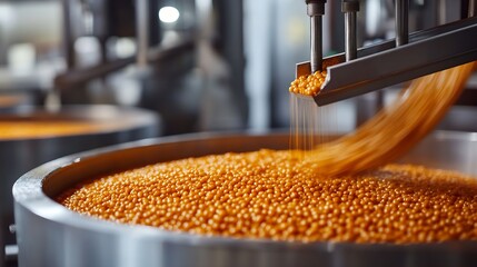 Leinwandbilder - Automated Food Processing Line with Golden Pellets in Industrial Factory Setting : Generative AI
