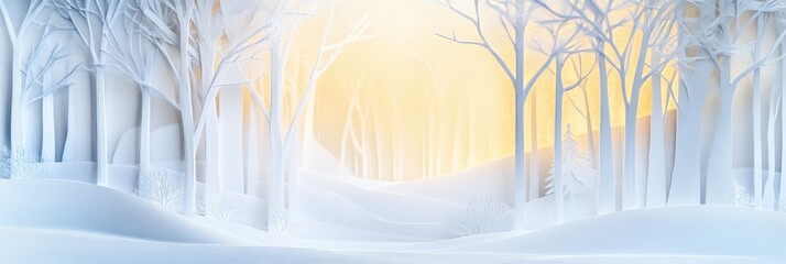 Fototapete - A tranquil winter landscape features intricate white paper silhouettes of trees, softly illuminated by warm light, creating a peaceful atmosphere. Generative AI