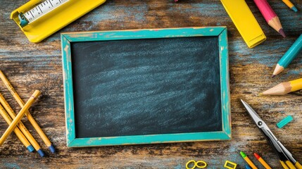 Poster - A blank chalkboard surrounded by colorful stationery on a wooden surface.