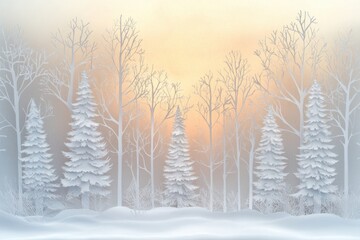 Leinwandbilder - White paper silhouettes depict a tranquil winter forest with tall trees set against a warm sunset in a peaceful landscape. Generative AI