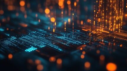 Poster - Futuristic Blue and Orange Digital Network with Glowing Bokeh Effects : Generative AI