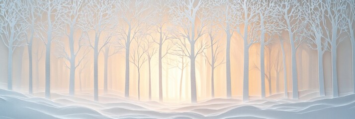 Poster - A tranquil winter forest features delicate white paper silhouettes of trees, creating a charming atmosphere with soft light in the background. Generative AI