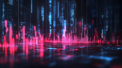 Fototapete - Futuristic Digital Data Visualization with Red and Blue Light Patterns : Generative AI