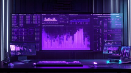 Poster - High-tech workspace displaying data analytics and visualizations in a purple-themed environment.