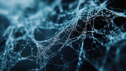 Abstract close-up of a spider web with intricate details and a dark blue background.