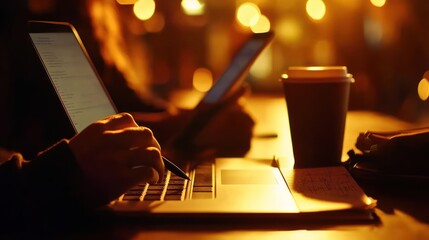 Aufkleber - A person using a laptop and smartphone in a dimly lit café with a coffee cup nearby.