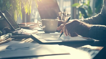Aufkleber - A person uses a stylus on a tablet, surrounded by a cup and creative workspace.