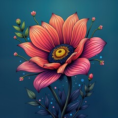 Leinwandbilder - Vibrant unusual flower blooms. Pink petals red center. Blue background. Floral design. Perfect print card poster. Music band art. Nature decor. Alien plant. Vintage floral pattern. Unique blossom