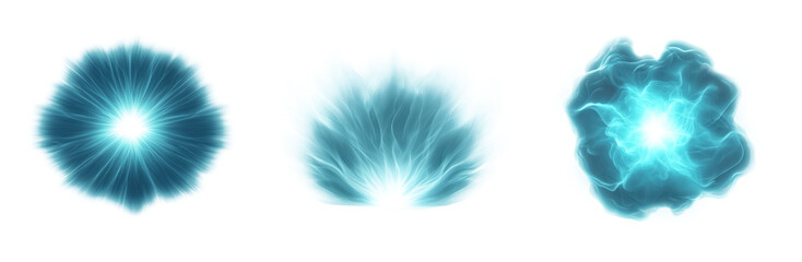 Wall Mural - three glowing blue energy bursts on a white isolated background. transparent background